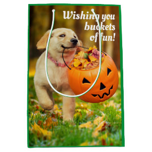 Puppy With Pumpkin Bucket Medium Gift Bag