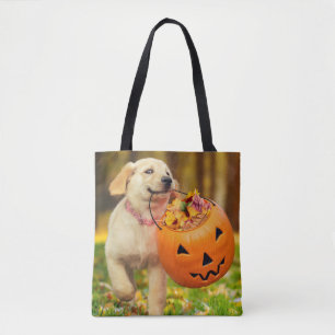 Puppy With Pumpkin Bucket Tote Bag