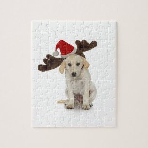 Puppy with Santa Hat and Reindeer Ears Jigsaw Puzzle