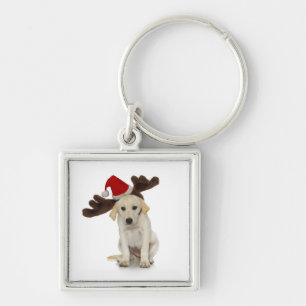 Puppy with Santa Hat and Reindeer Ears Key Ring
