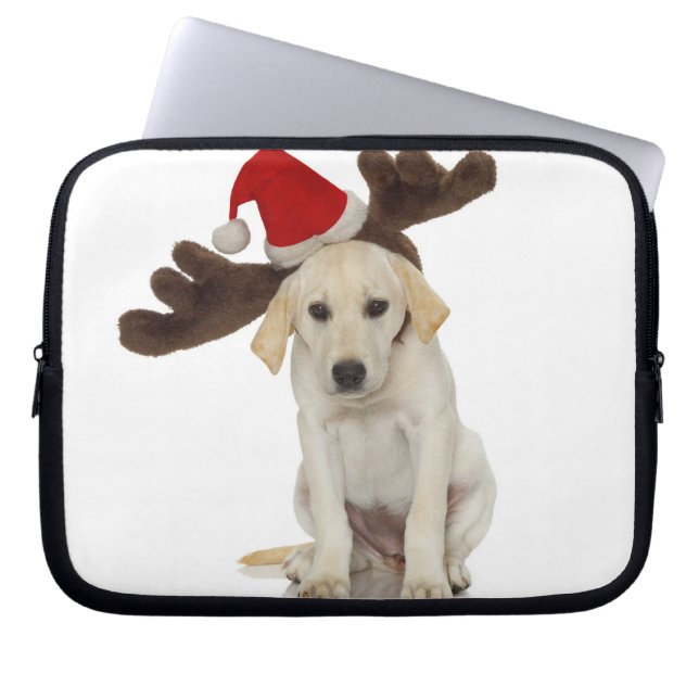 Puppy with Santa Hat and Reindeer Ears Laptop Sleeve (Front)