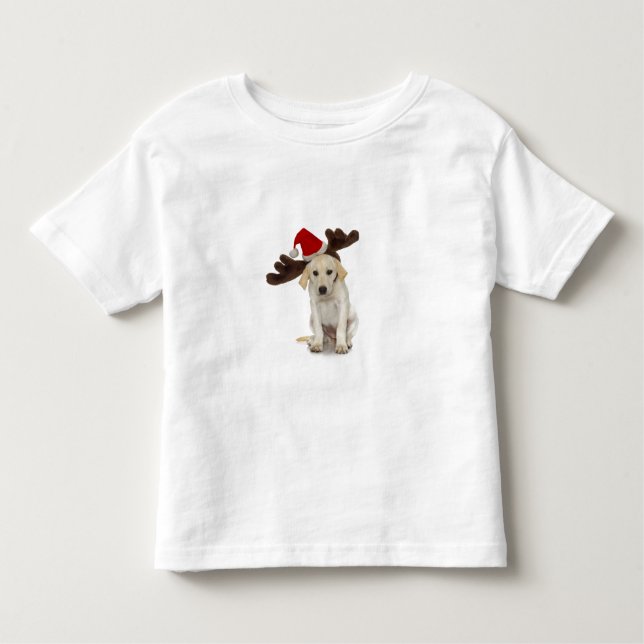 Puppy with Santa Hat and Reindeer Ears Toddler T-Shirt (Front)