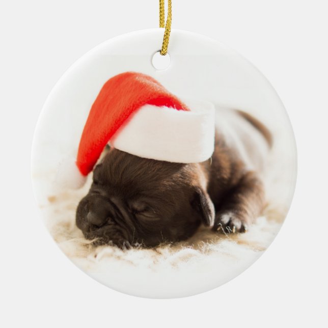 Puppy With Santa Hat On White Background Ceramic Tree Decoration (Front)