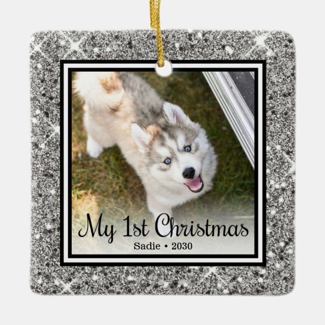 Puppy's 1st Christmas 2 Photo Ceramic Ornament (Front)