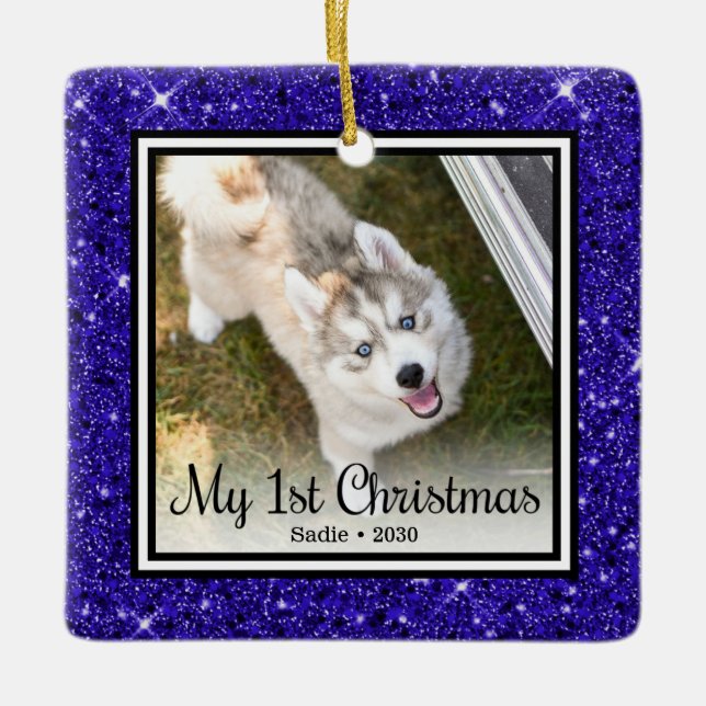 Puppy's 1st Christmas 2 Photo Ceramic Ornament (Front)