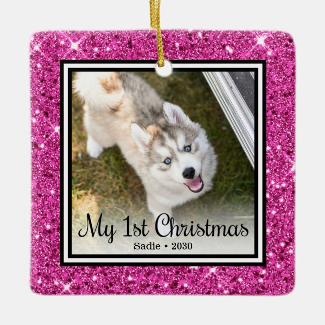 Puppy's 1st Christmas 2 Photo Ceramic Ornament (Front)