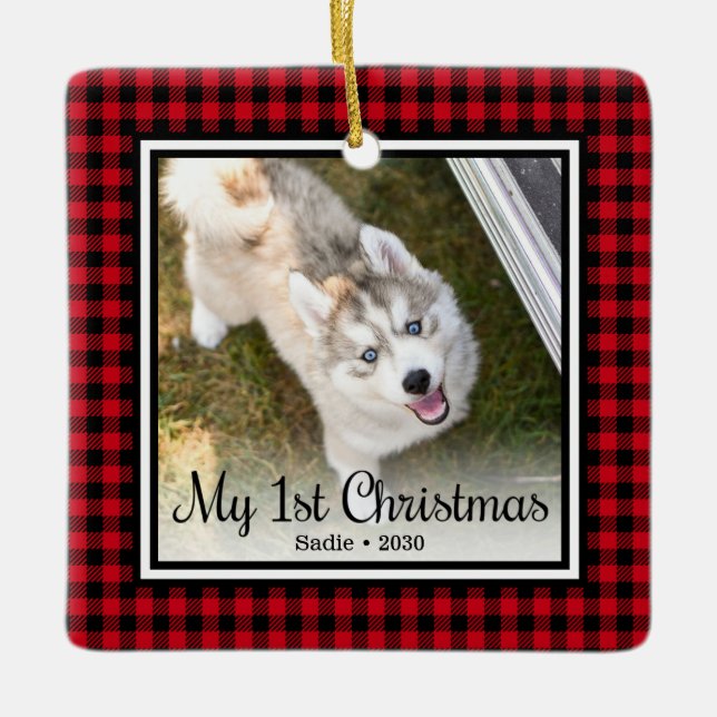 Puppy's 1st Christmas 2 Photo Ceramic Ornament (Front)