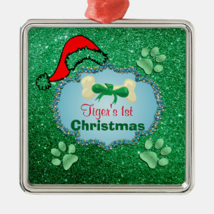 Puppys 1st Christmas Green Faux Glitter Santa Hat Metal Ornament