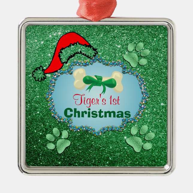 Puppys 1st Christmas Green Faux Glitter Santa Hat Metal Ornament (Front)