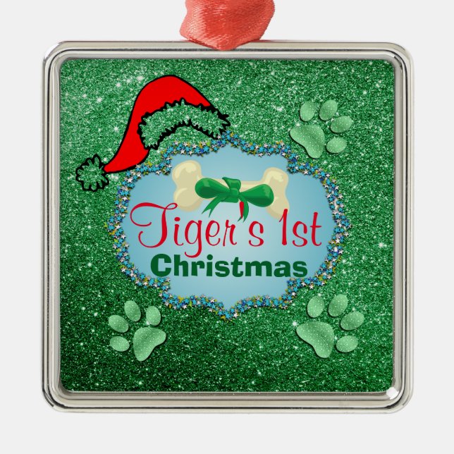 Puppys 1st Christmas Green Faux Glitter Santa Hat Metal Tree Decoration (Front)