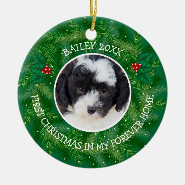 Puppy's 1st Christmas Photo Holiday Wreath Ceramic Ornament (Front)