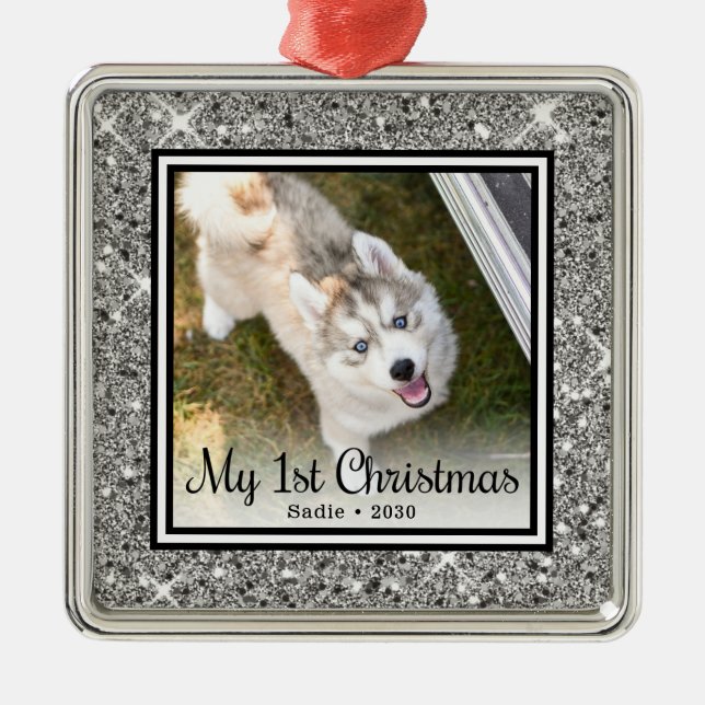 Puppy's 1st Christmas Photo Metal Ornament (Front)