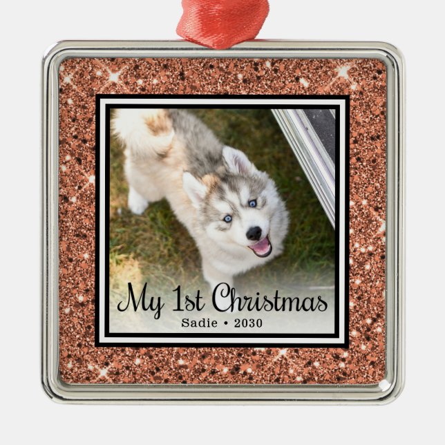 Puppy's 1st Christmas Photo Metal Ornament (Front)