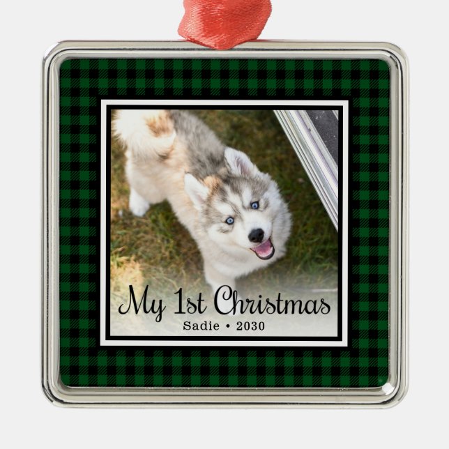 Puppy's 1st Christmas Photo Metal Ornament (Front)