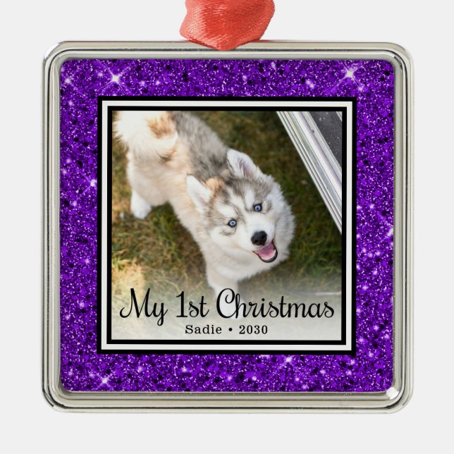 Puppy's 1st Christmas Photo Metal Ornament (Front)