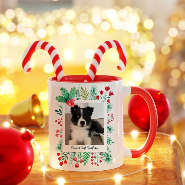 Puppy's First Christmas 2 Photo Watercolor Foliage Mug (Puppy's First Christmas Two Photo Mug)