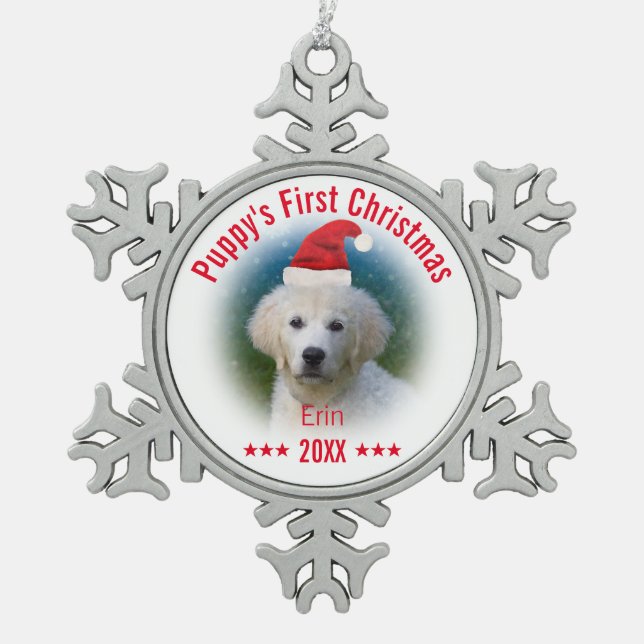 Puppy's First Christmas | Dog Name Snowflake Pewter Christmas Ornament (Front)