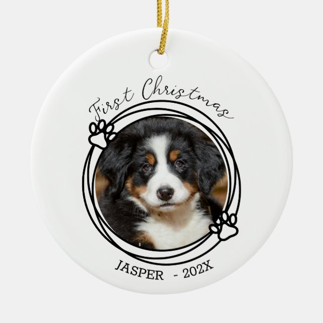 Puppy's First Christmas Dog Photo Ceramic Ornament (Front)