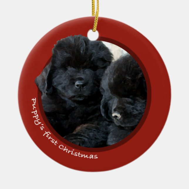 Puppy's First Christmas (Newfoundland) Ceramic Tree Decoration (Front)
