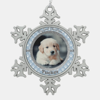 Puppy's First Christmas Photo Blue Paw Print Snowflake Pewter Christmas Ornament
