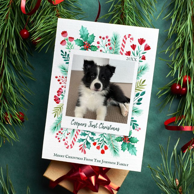 Puppy's First Christmas Photo Watercolor Botanical Holiday Card (Puppy's First Christmas Photo Holiday Card)