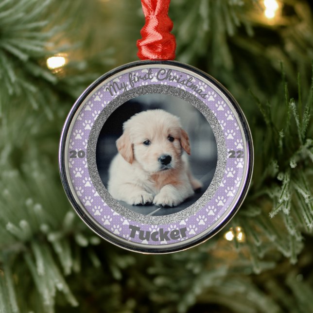 Puppy's First Christmas Purple Paw Print Metal Ornament (Tree)