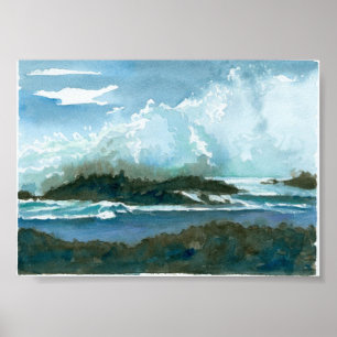 Pupukea Hawaii Oahu Waves Splash Watercolor Art Poster
