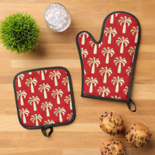 Pupule Hawaiian Vintage Palm Tropical Red Oven Mitt & Pot Holder Set