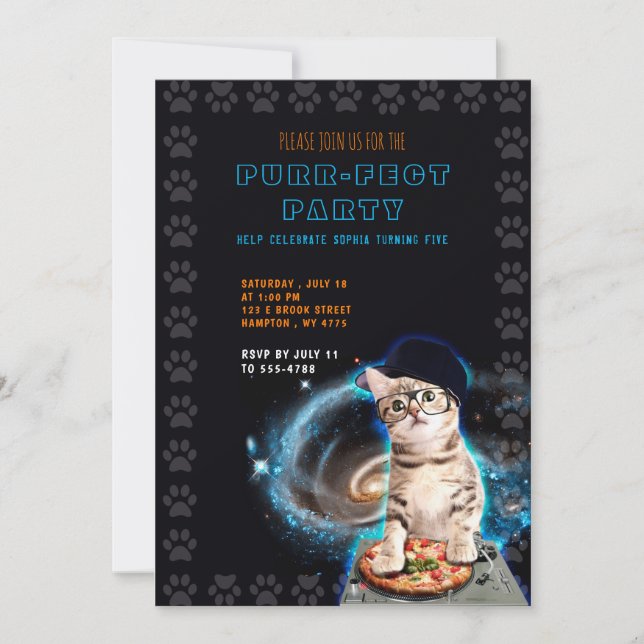 Pur-fect Party! Dj Cat Invitation (Front)