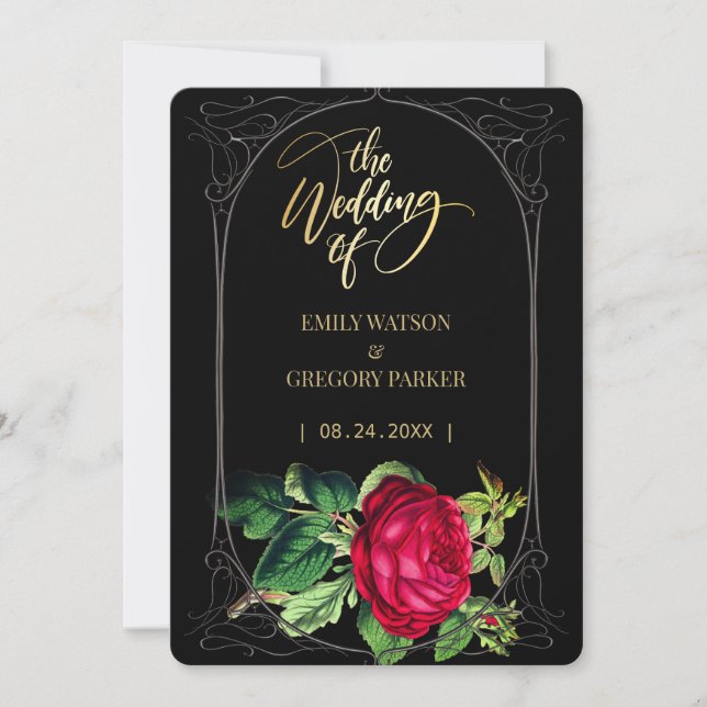 Pure black and gold elegance ,red roses save the date (Front)