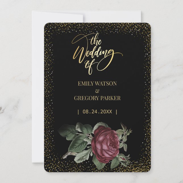 Pure black and gold elegance ,red roses wedding save the date (Front)