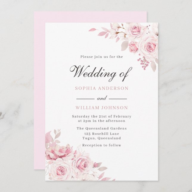 Pure Blush Elegant Watercolor Painted Rose Wedding Invitation (Front/Back)