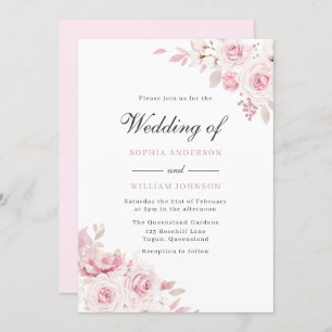 Pure Blush Elegant Watercolor Painted Rose Wedding Invitation