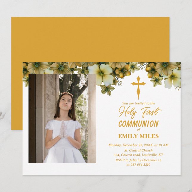 Pure Elegance floral first catholic communion Invitation (Front/Back)
