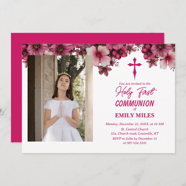 Pure Elegance floral first catholic communion Invitation (Front/Back)