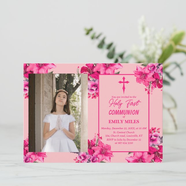 Pure Elegance rose flower first catholic communion Invitation (Standing Front)