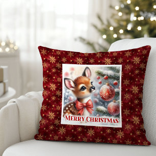 Pure festive scene baby fawn Christmas pillow 