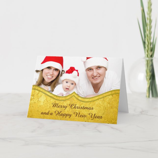 PURE GOLD pattern / gold leaf + your photo & text Holiday Card (Front)