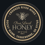Pure Local Honey Label Black Gold Vintage Bee<br><div class="desc">Personalise this honey label with your apiary name,  beekeeper,  address and net weight. Elegant gold script font in the centre spells out "Pure Local." Vintage Bee illustration on a black background. Common honey net weight conversions: 8oz (227g),  12oz (340g),  16oz (454g),  32oz (907g),  5lb (2.27kg).</div>