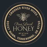 Pure Local Honey Label Black Gold Vintage Bee<br><div class="desc">Personalise this honey label with your apiary name,  beekeeper,  address and net weight. Elegant gold script font in the centre spells out "Pure Local." Vintage Bee illustration on a black background. Common honey net weight conversions: 8oz (227g),  12oz (340g),  16oz (454g),  32oz (907g),  5lb (2.27kg).</div>