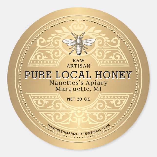Pure Local Honey Ornate Gold Product Label (Front)