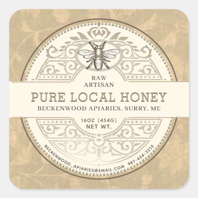 Pure Local Honey Ornate Label Floral Background (Front)