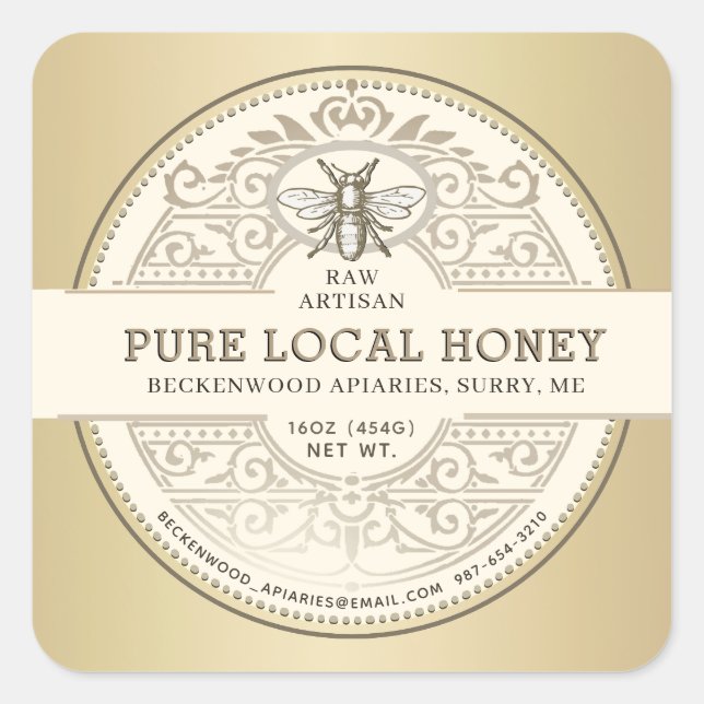 Pure Local Honey Ornate Label Metallic Gold Bee (Front)