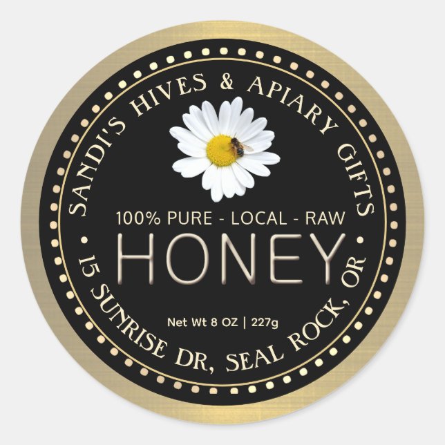 PURE LOCAL RAW HONEY black gold with daisy & bee Classic Round Sticker (Front)