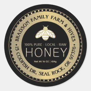 PURE LOCAL RAW HONEY label with stylised gold bee