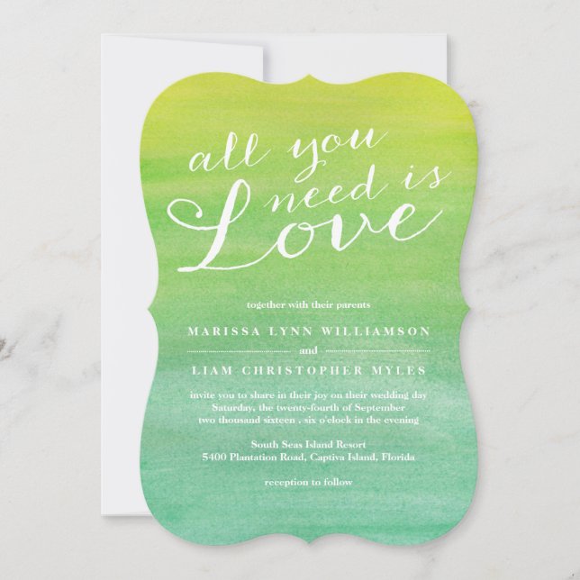 Pure Love Watercolor Wedding  / Lime Emerald Invitation (Front)