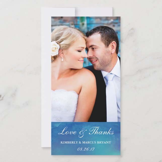 Pure Love / Watercolor Wedding Photo Card / Blue (Front)