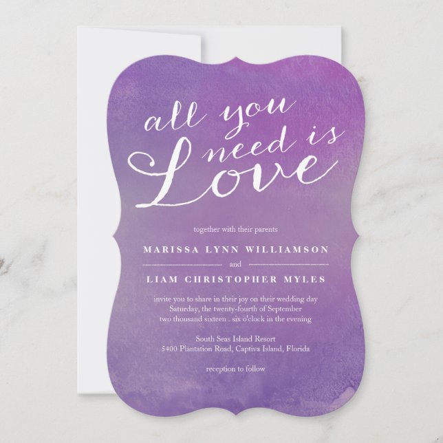 Pure Love Watercolor Wedding  / Violet Purple Invitation (Front)