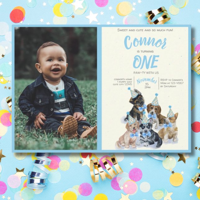 Pure Puppy 🐶 Dog Theme First Birthday Party Photo Invitation (Pure Puppy 🐶 Dog Theme First Birthday Party Photo Invitation)