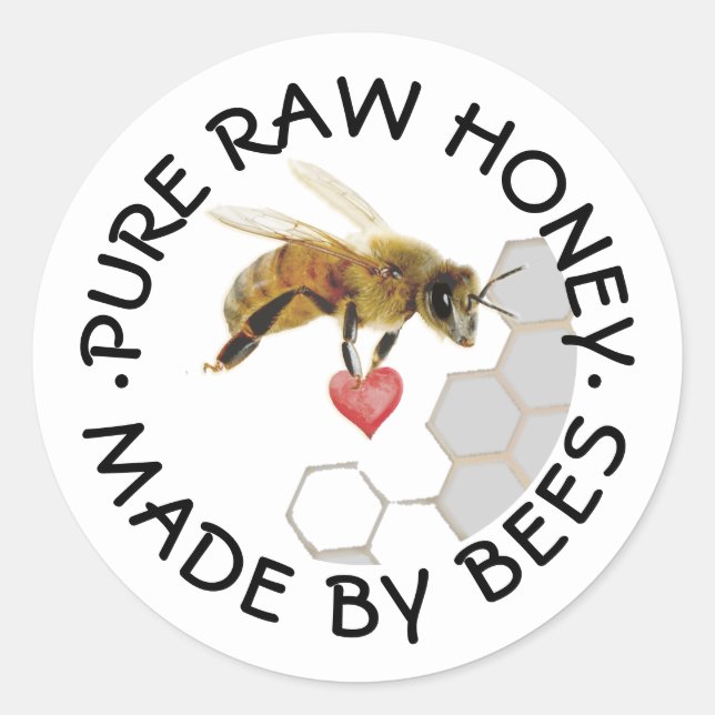 PURE RAW HONEY Honeybee Honeycomb and Heart Classic Round Sticker (Front)